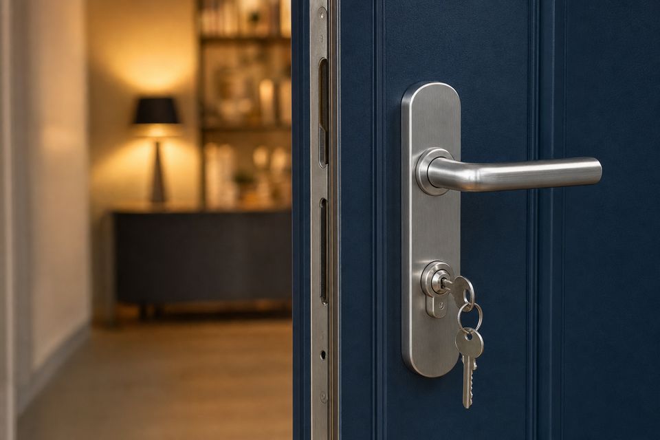 Porte d’entrée bleu marine entrouverte, poignée inox et clé dans le cylindre